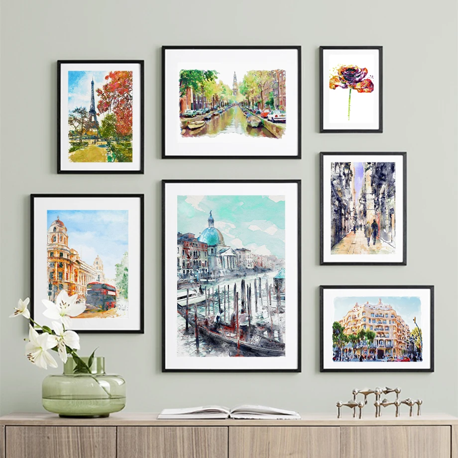 Coloured Rose Amsterdam Canal Double-Decker Bus Iron Tower Watercolour  Portrait Wall Art Canvas Painting Nordic Poster  Decor