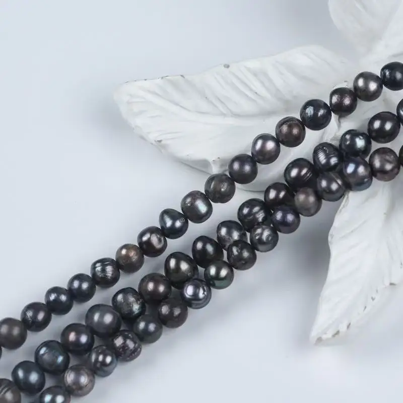 Wholesale 16 inches 8-9mm Black Natural Round Fresh Water Pearls Loose Strand