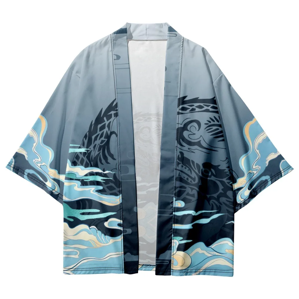 Summer Beach Kimono Anime Dragon Printed 3/4 Sleeve Shirt Haori Fashion Kimono Yukata Men