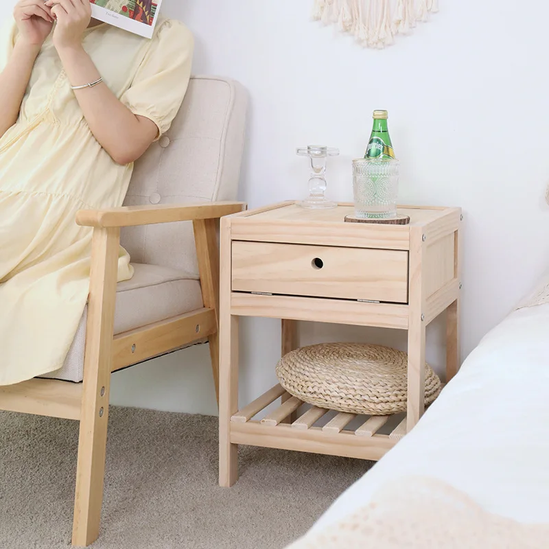 Wuli Bedside Table Solid Wood Nordic Log Bedside Small Cabinet Simple Modern Bedside Table Bedroom Bedside Storage Locker