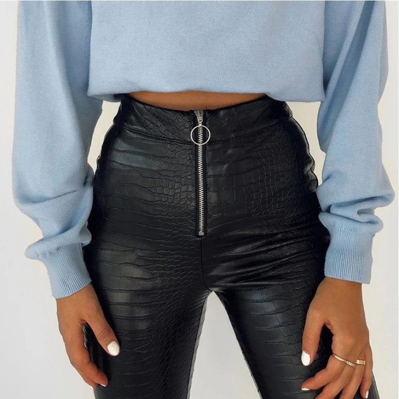 Autumn Winter Women High Waist Snake Skin Zipper Tights Stretch Soft Leggings Sexy Slim Pu Leather Pencil Pants Chic Female Pant