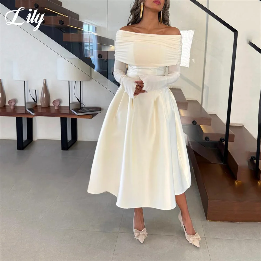 Lily White Evening Dress Off the Shoulder Prom Dresses Full Sleeves Party Formal Gown A Line robe de bal for Woman Customized image 2