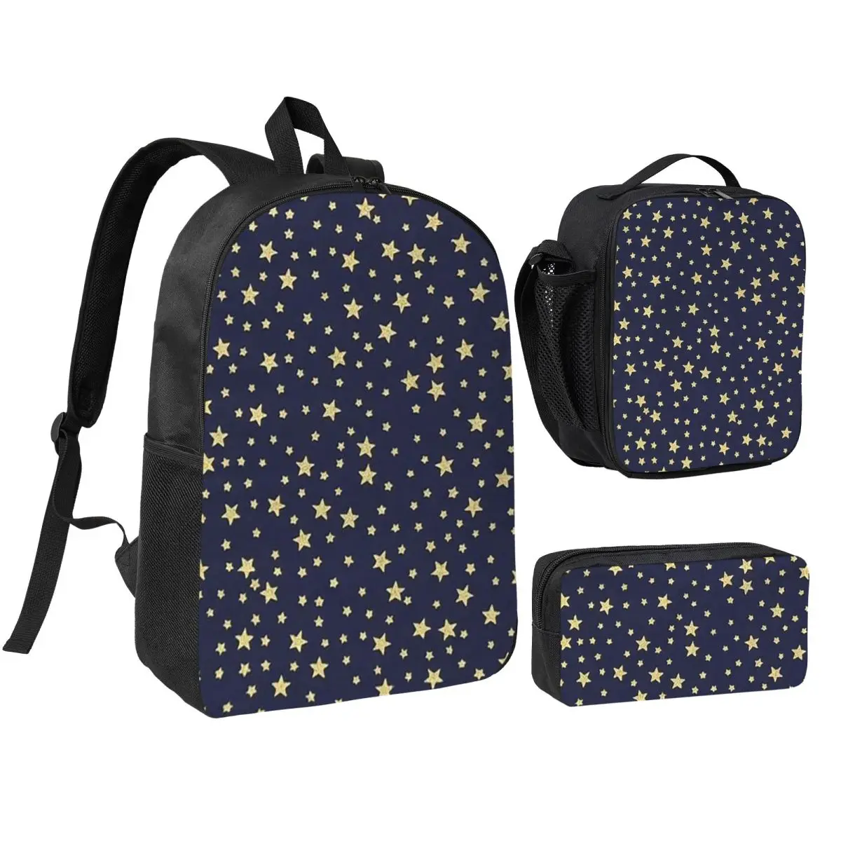 

Navy Blue Sky And Stars Print Backpack Boys Girls BookBag School Bag Shoulder Bags 3ps Insulated Lunch Bag Pencil Case