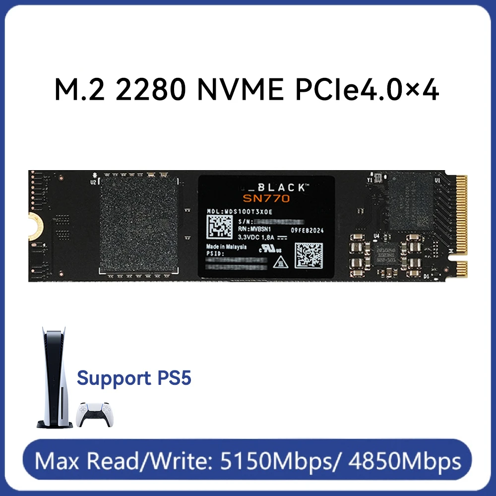 

BLACK SN770 NVMe SSD 2TB 1TB 500GB 250GB Internal Gaming Solid State Drive Gen4 PCIe M.2 2280 up to 5150 MB/s