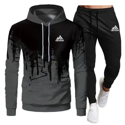 2024 Male foam 3D splash-ink hoodie and pants running 2-piece set, thick sportswear, Spring and Autumn, New fashion,