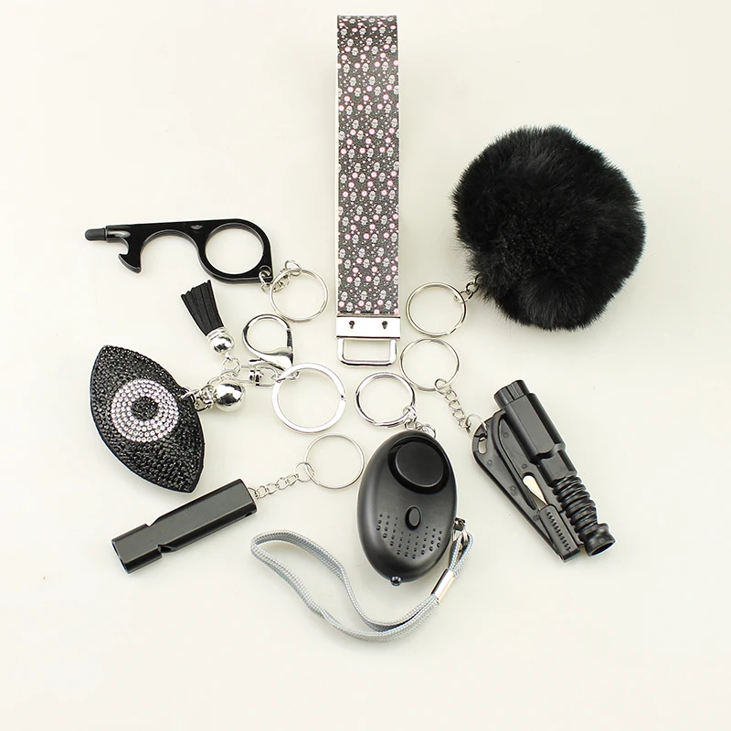 개인 경보, 높은 데시벨 휘파람, 창문 차단기, 악마의 눈, 완벽한 7PCS 다기능 비상 키체인 세트