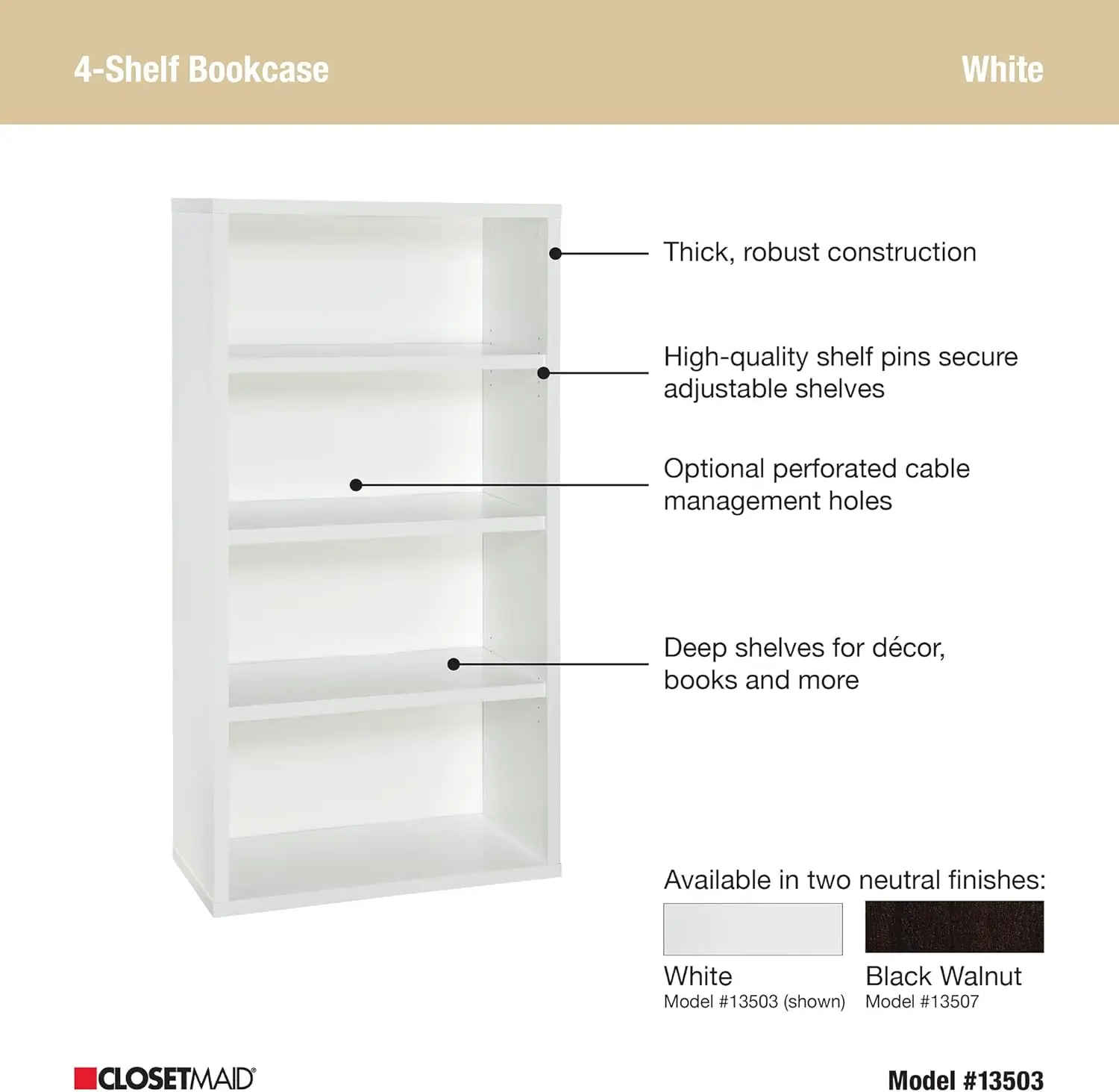 ClosetMaid Bookshelf with 4 Shelf Tiers, Adjustable Shelves, Tall Bookcase Sturdy Wood with Closed Back Panel, White Finish