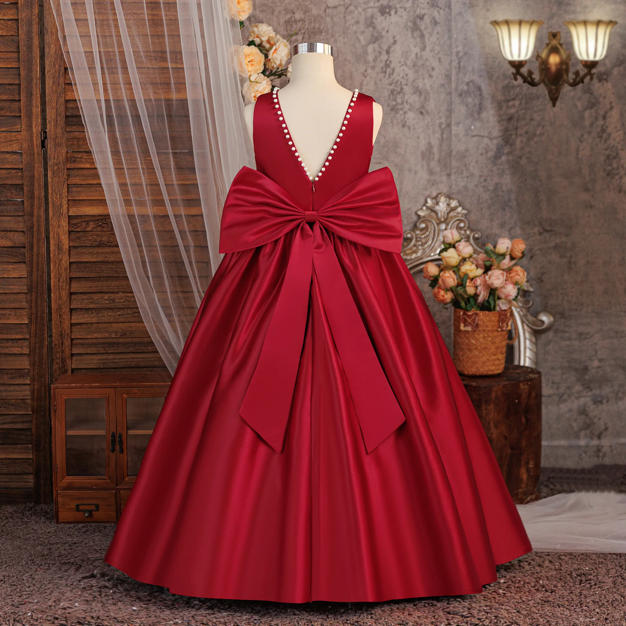 Satin Brautjungfernkleid für Partys, Weihnachtskostüm, Schleife, Taufe, Hochzeit, Prinzessinnen-Ballkleid, Mädchen-Gala- und Neujahrs-Abendkleid – Detail 4