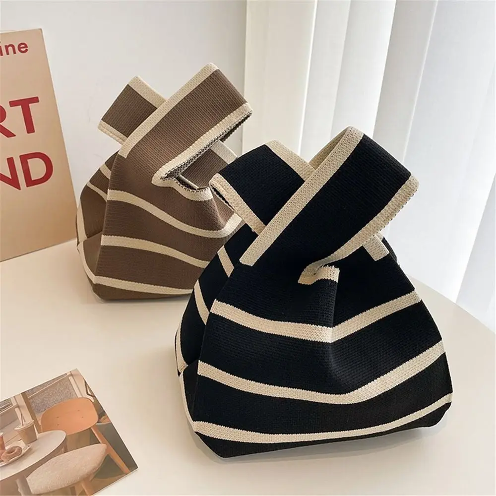Student Handmade Reusable Knot Wrist Bag Plaid Tote Bag Knit Handbag Shopping Bags