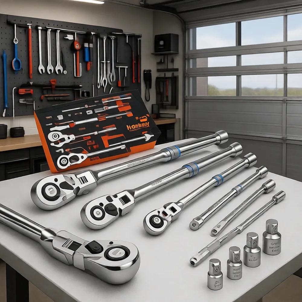 

10pc 90T Flex-Head Ratchet Set 1/4 3/8 1/2 Drive Quick-Release Reversible Low-Profile Extensions Adapters