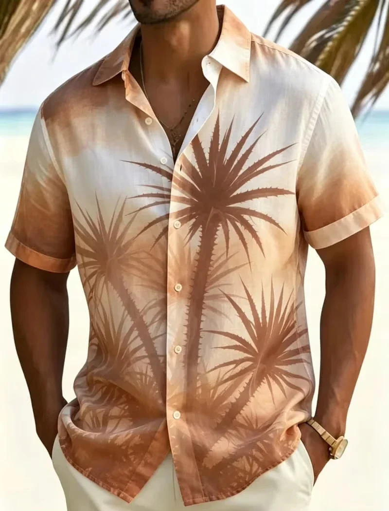 Men's Short Sleeve Shirt Lapel Gradient Aloe Vera Leaf Print Button Up Casual Tropical Outdoor Vacation Summer Mens Clothing