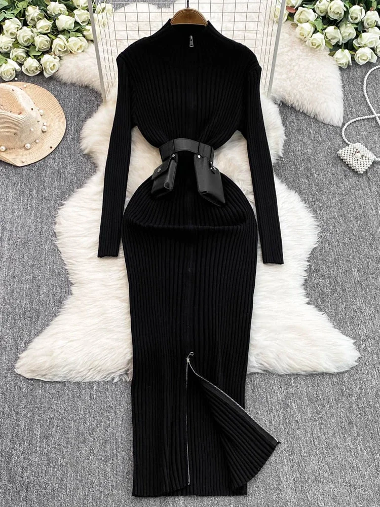 French Temperament Black Turtleneck Dress Women's Autumn and Winter Design Sense Fanny Pack Sexy Girl Hip Wrap Long Dress