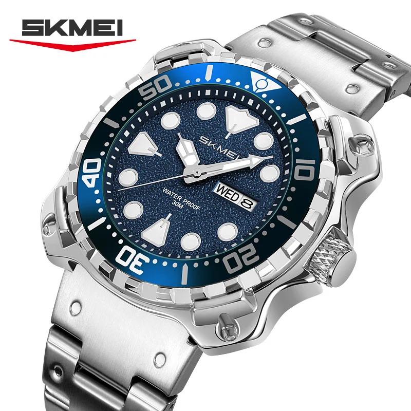 SKMEI 9385 Men's Watch Gold Stainless Steel Strap Green Blue Dial Quartz Watch Fashion Sports Calendar Week 30M Waterproof Reloj