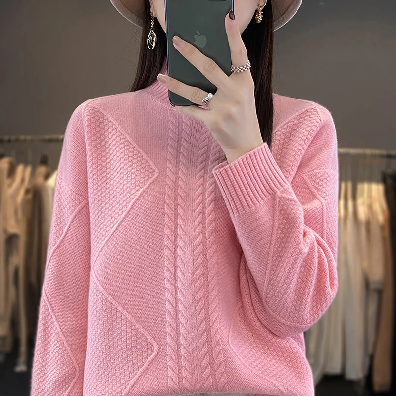 2024 Women\'s Cashmere New Retro High Quality Fashion Half High Collar Pullover Autumn and Winter New Solid Color Cashmere Pullov