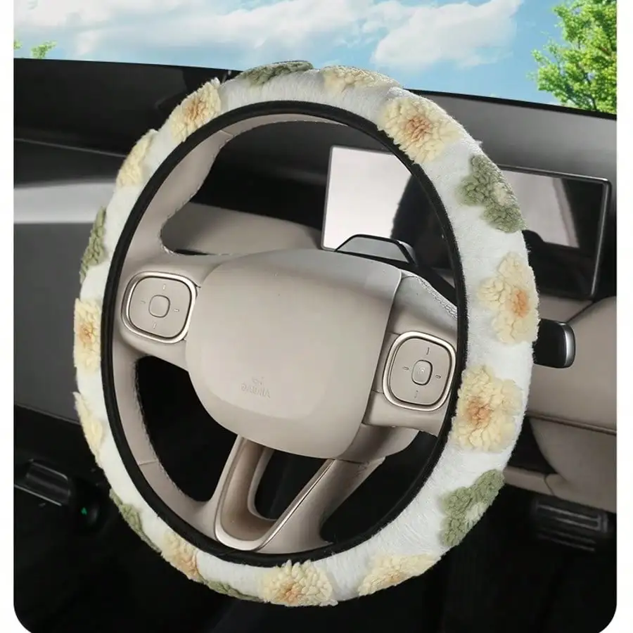 Plush No Inner Ring Car Steering Wheel Cover, Autumn And Winter New 6-Color Beautiful Flowers, Can Be Given As A Birthday Gift ﻿