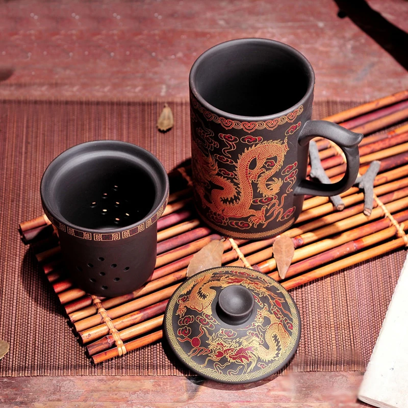 Traditional Chinese Dragon Purple Clay Tea Mug with Lid Strainer Retro Handmade Yixing Tea Cup Zisha Teacup Gift Mug Tumbler