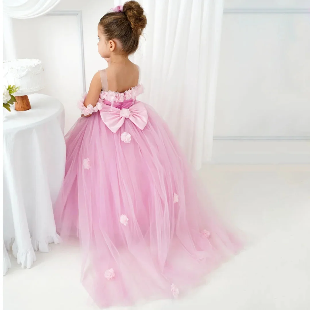 Vestido floral rosa personalizado para meninas, flores de tule com laço, sem mangas, para casamento, aniversário, comunhão, banquete, vestido de princesa