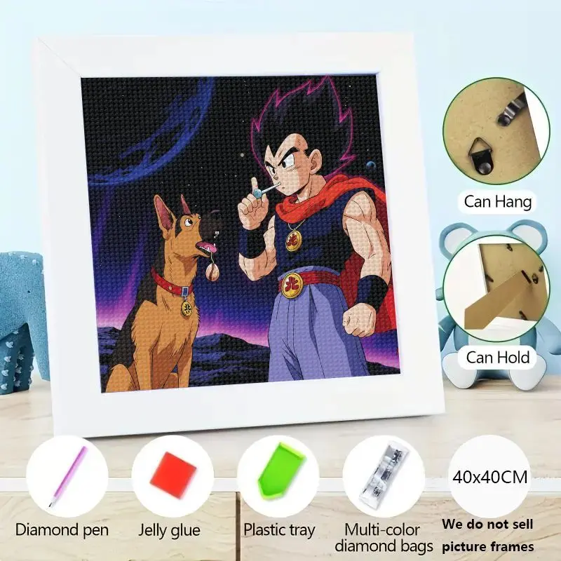 1PC DIY 5D Full Drill Diamond Painting Kit, Anime Dragon Ball Z Vegeta & German Shepherd Dog in Cosmic Scene, Rhinestone Embroid