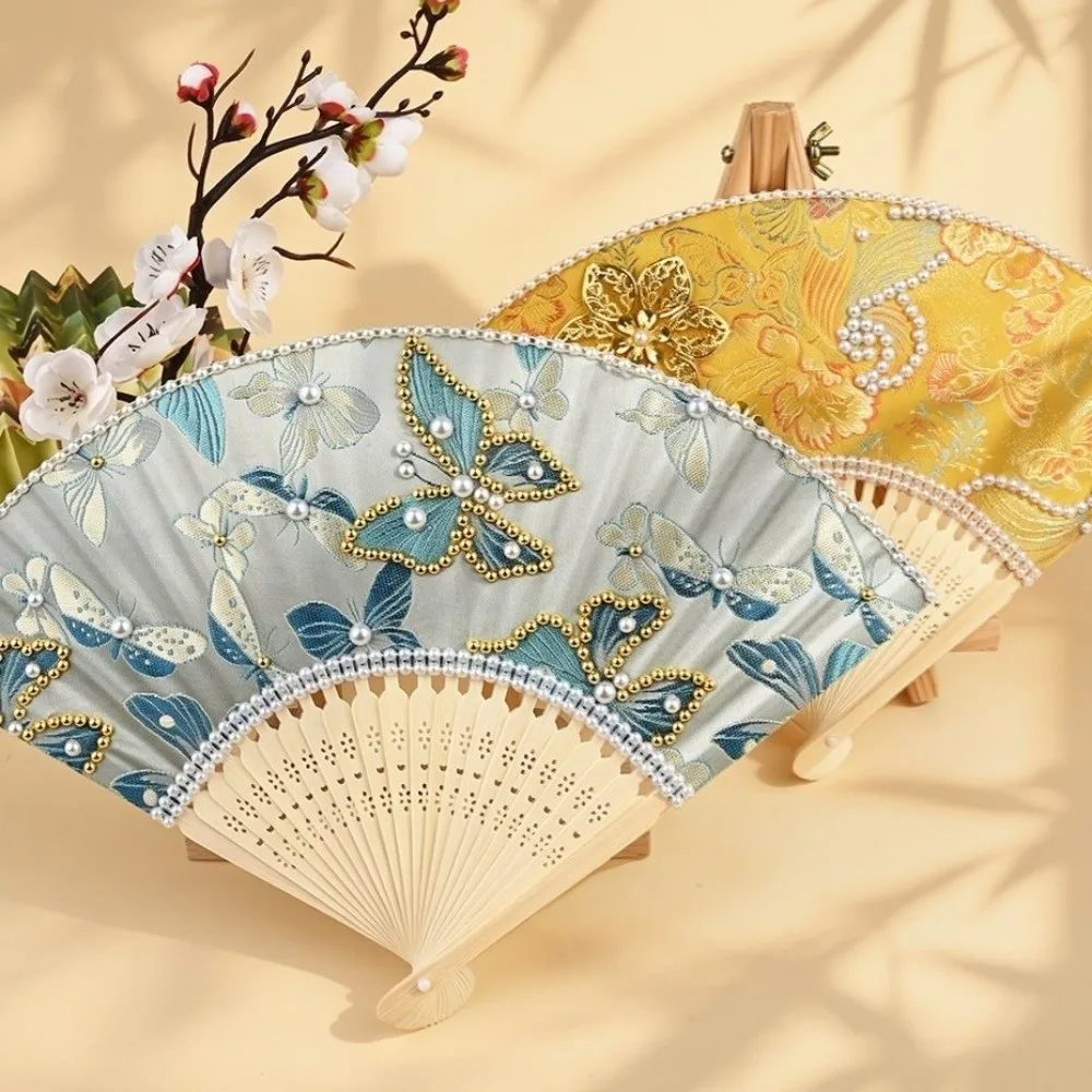 Traditional Pearl Folding Fan Portable Fabric Floral Print Hand Fan DIY Craft Kit Butterfly Handmade Fan Art Craft Project