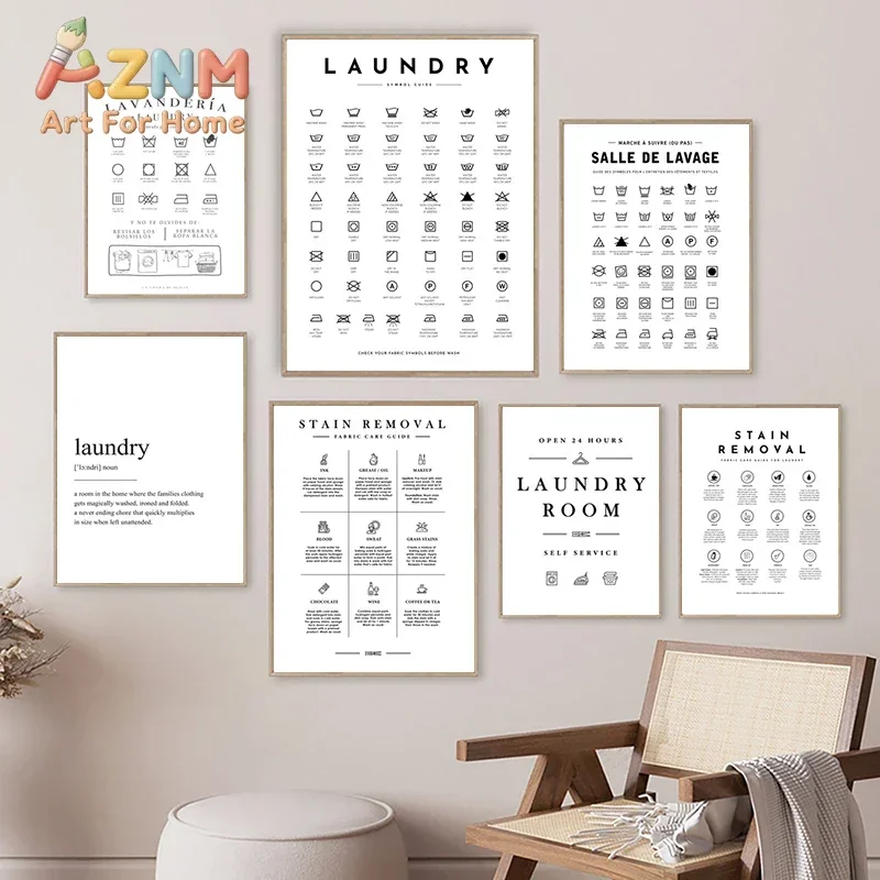 AZNM Minimalist Laundry Room Canvas Wall Art, Washing Care Symbol Stain Removal Guide Print, Black White Laundry Sign Poster, Un