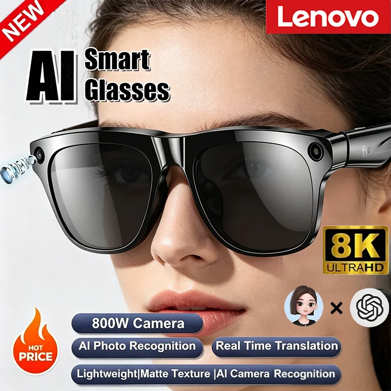 Lunettes Intelligentes Lenovo 8KHD AI avec Caméra de Traduction, Photochromiques 1200MP, Appels Bluetooth, Photo, Vidéo, ChatGPT, Musique pour Hommes
