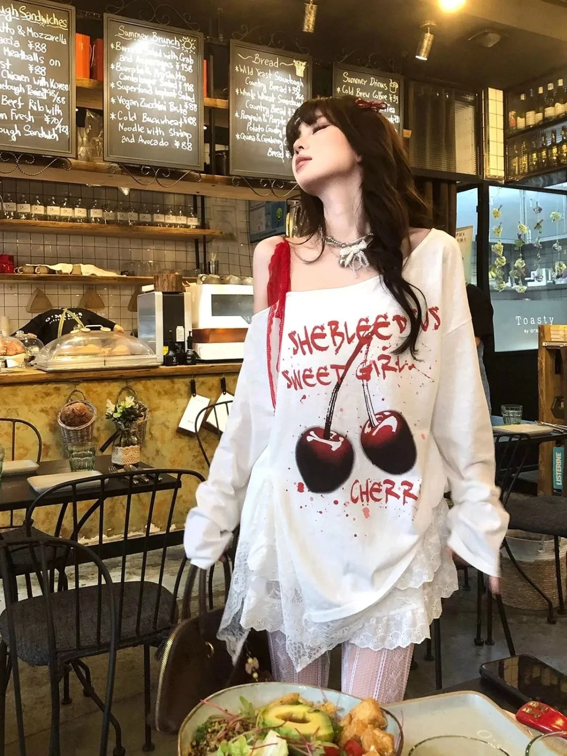 

Sweet Off Shoulder White T-shirt Women Cherry Letter Printed Spliced Lace Long Sleeve Tops Japanese Harajuku Loose Tees