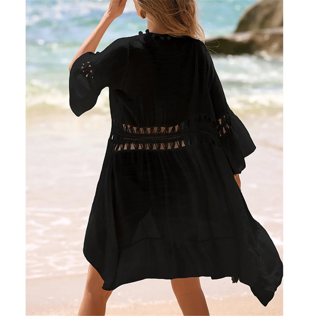 V-Ausschnitt, halbe Ärmel, Patchwork-Design, gehäkelte Strick-Tunika, Strandkleid, Strandüberwurf, Strandmode, Damen, V7660 – Detail 14