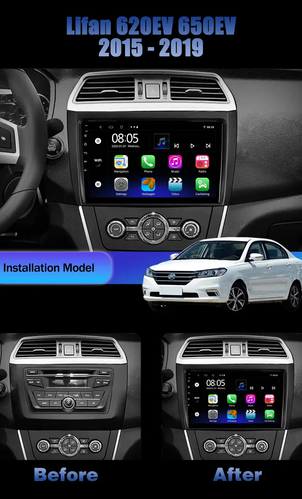 Android 14 Wireless Carplay Auto Car Radio For Lifan 620EV 650EV 2015-2019 Multimedia Video Player GPS Navigation Stereo Audio