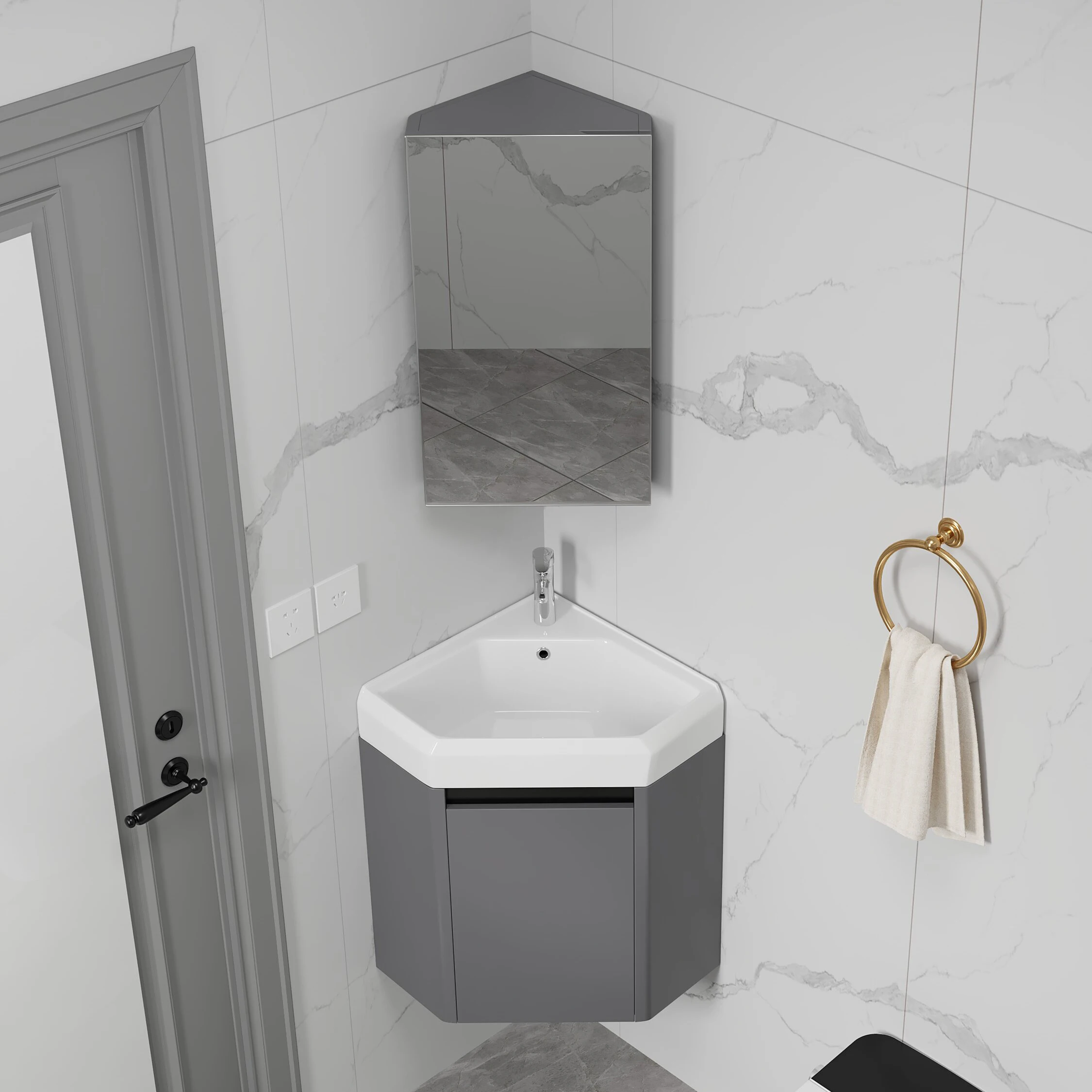 Wash Basin Wooden Small Wall Mounted Triangle Corner Bathroom Cabinets Storage Set Floating Bathroom Vanity with Sink