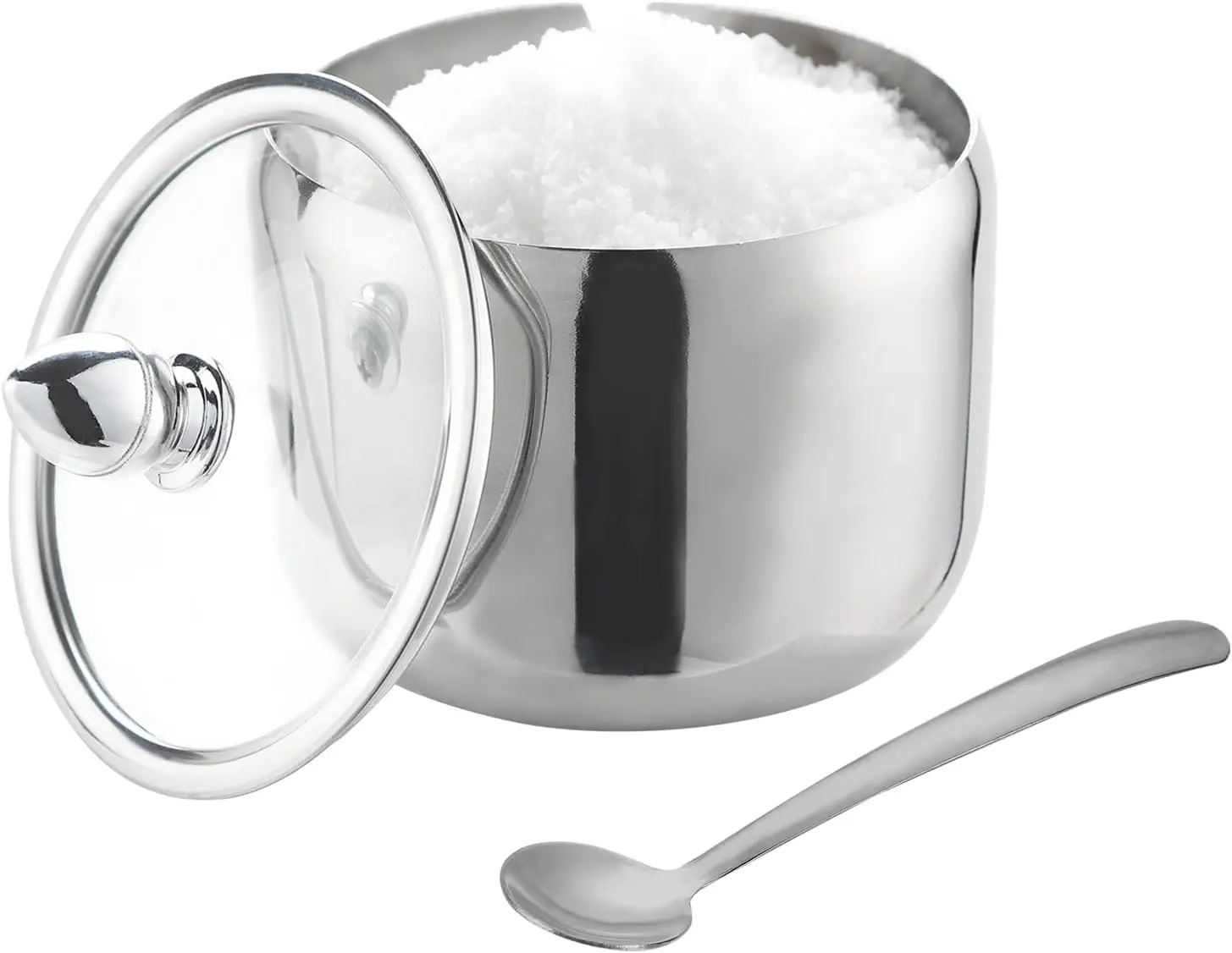 IBWell Azucarero de 10oz con Tapa y Cuchara, Contenedor de Azúcar Plateado con Cuchara para Barra de Café, Accesorios de Cocina para Condimentos