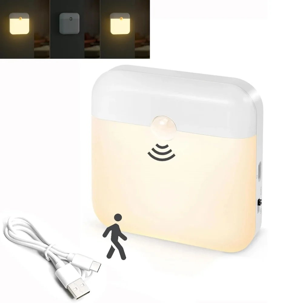 Luz LED com Sensor de Movimento, Lâmpada Quadrada com Carregamento USB para Quarto, Cozinha, Escadas, Corredor, Armário e Iluminação de Guarda-roupa