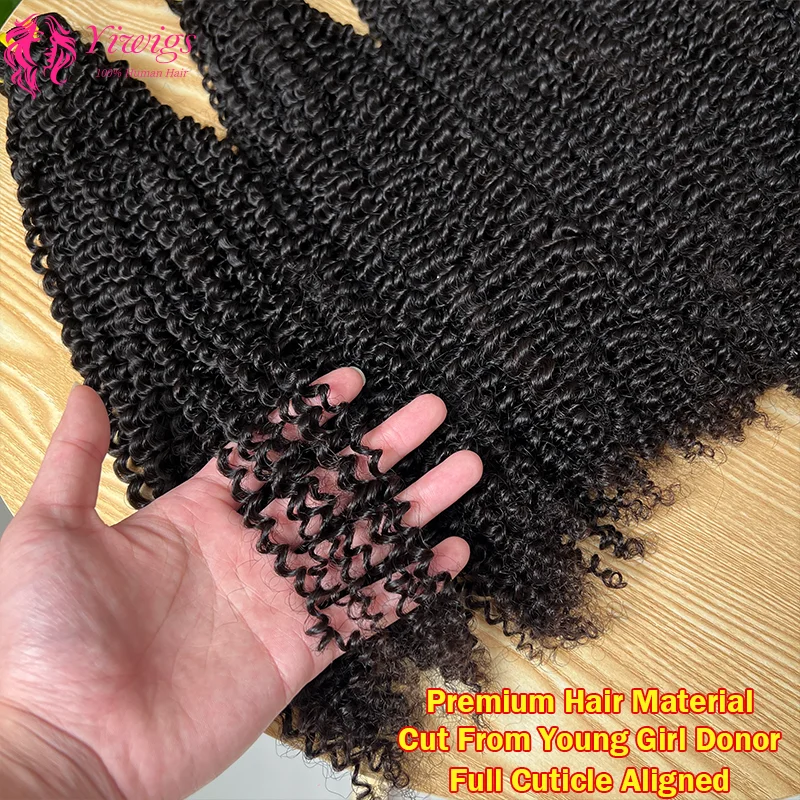 Rambut Ikal Keriting Super Double Drawn Yiwigs, 100% Rambut Asli Manusia, 10-30 Inci, Wig Afro Keriting, Ekstensi Rambut Mentah untuk Menjahit