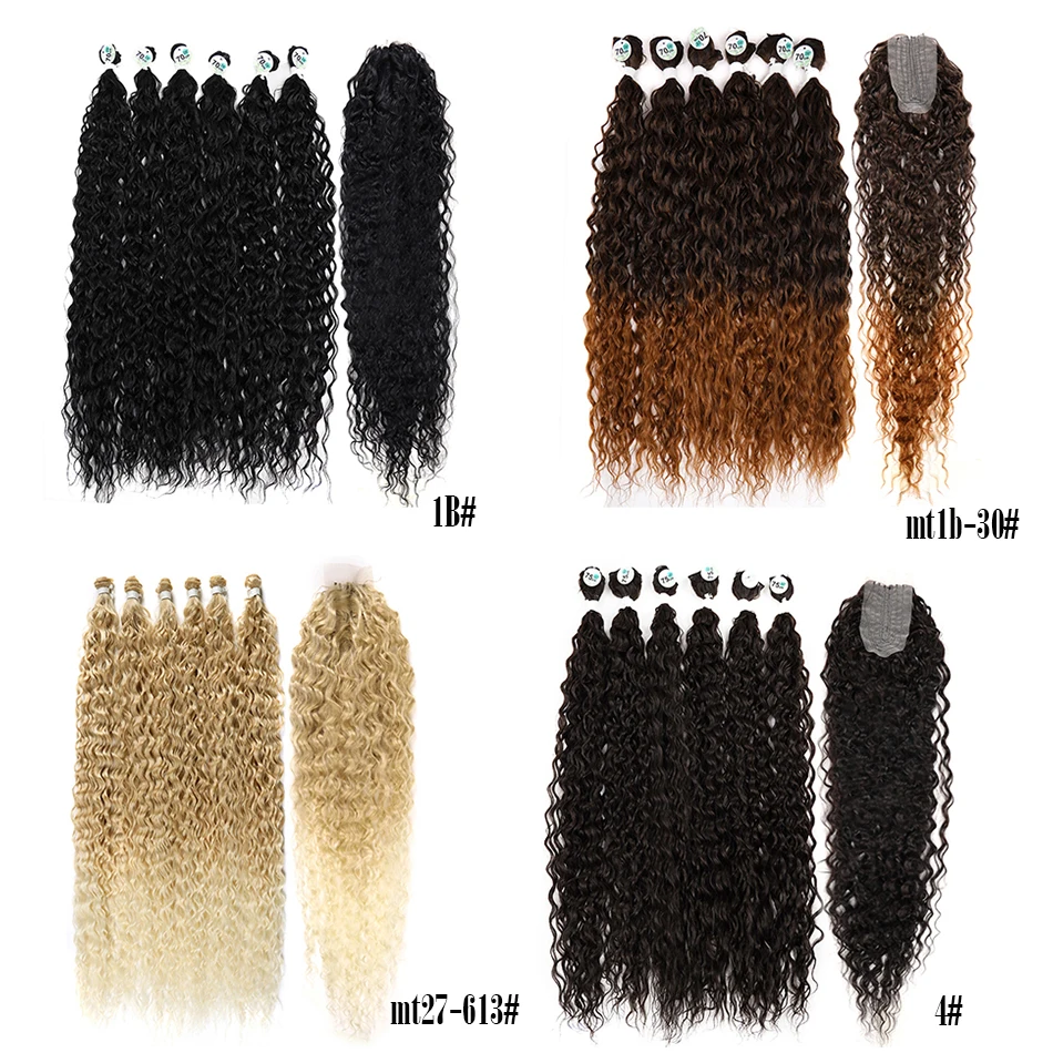 Meepo Synthetic Afro Kinky Curly Hair Bundles Extensions With Closure 28/30/32 inch Black Brown Blonde Bundles Organic Fiber