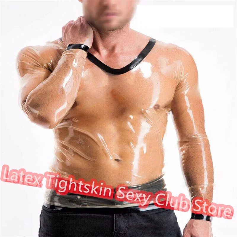 

Handmade Men Latex Top Front Zip T-Shirt Long Sleeves Shirt Man Sexy Tops Rubber Suit Transparent with Black Cosplay Costume
