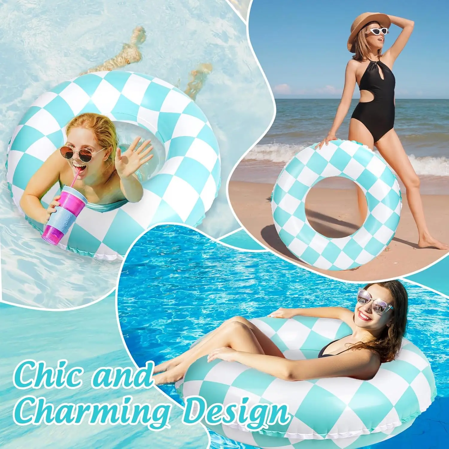 3 stuks opblaasbare zwembadvlotter retro blauw geruite zwemringen zwembadbuizen voor volwassenen tieners zomer strand vrijgezellenfeest
