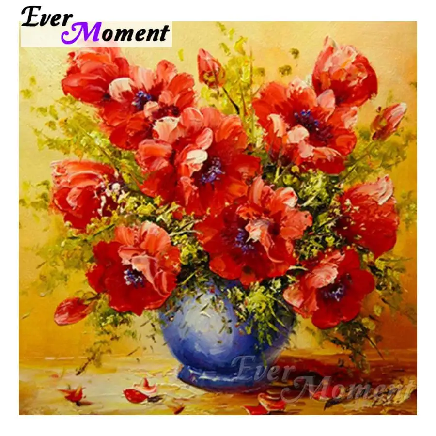

Ever Moment 5D DIY Алмазная вышивка Красный цветок в вазе Алмазная мозаика Полный квадратный сверл Искусство Украшение дома ASF1139