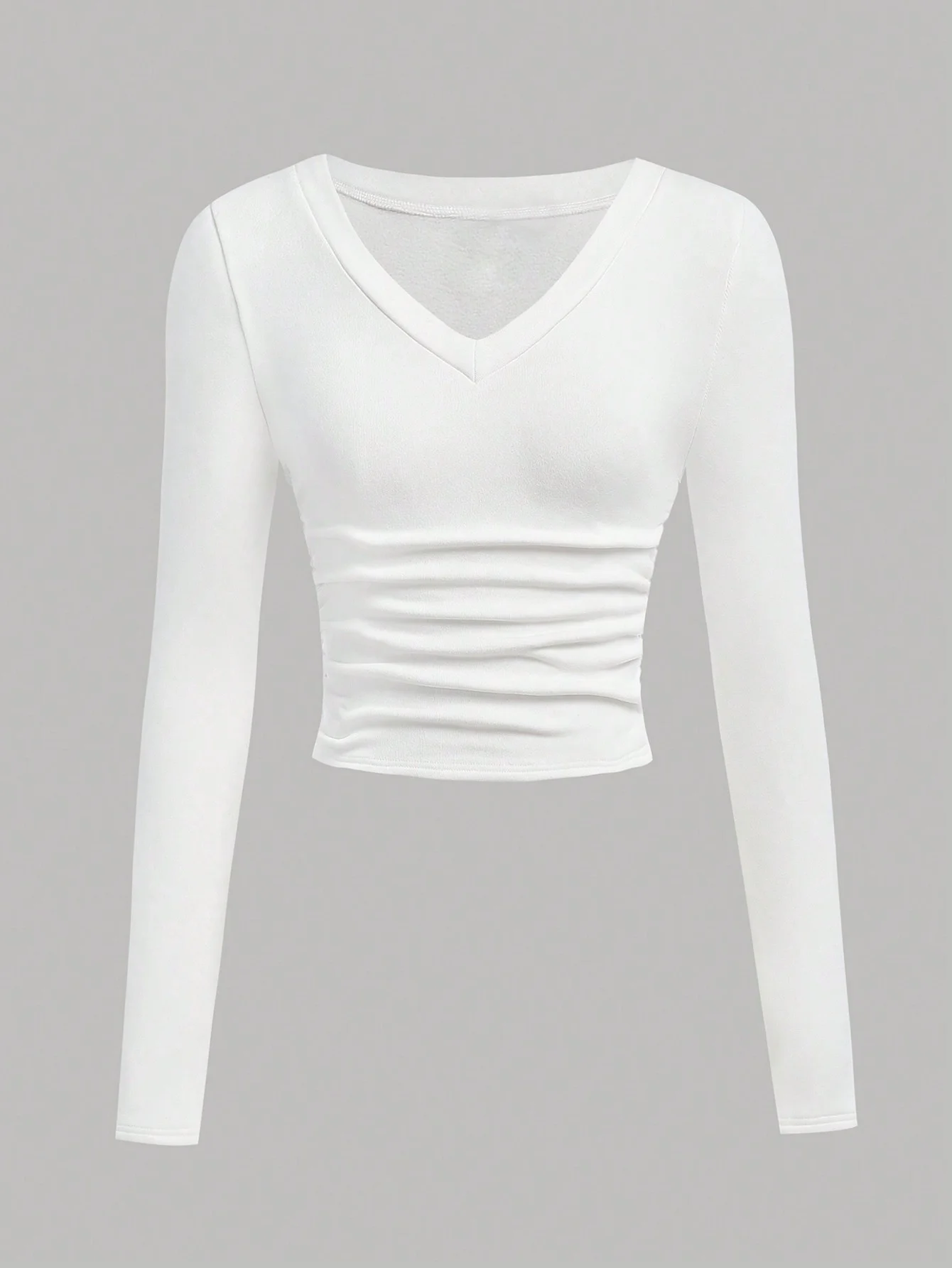 3er-Pack Damen V-Ausschnitt Fleece-gefüttertes Langarm-Oberteil mit seitlicher Raffung, schmal geschnittenes Crop-Top, thermisch warm, Herbst-Winter-Basic-Shirt – Detail 6