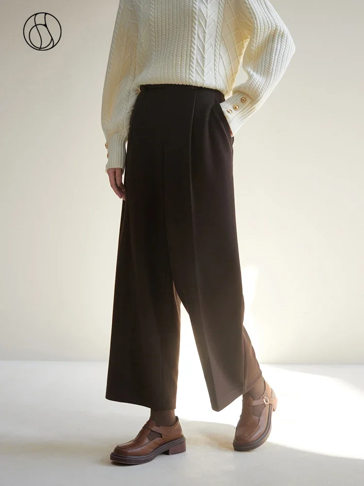 

DUSHU Casual Design Sense Diligent Long Pants for Women Winter Dress New High-waisted Straight Tube Brown Trousers Female