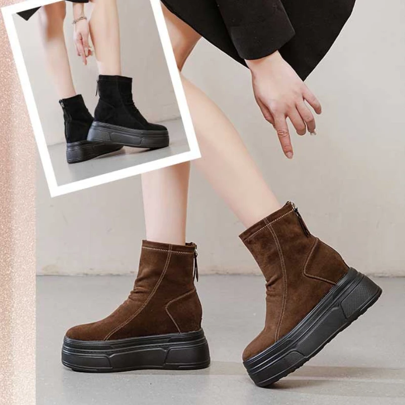 Fujin 8.5cm New Women Autumn Spring Fashion Flats Platform Wedge Ankle Boots Synthetic Sheepskin Leather ZIP Ankle Booties Shoes image 5