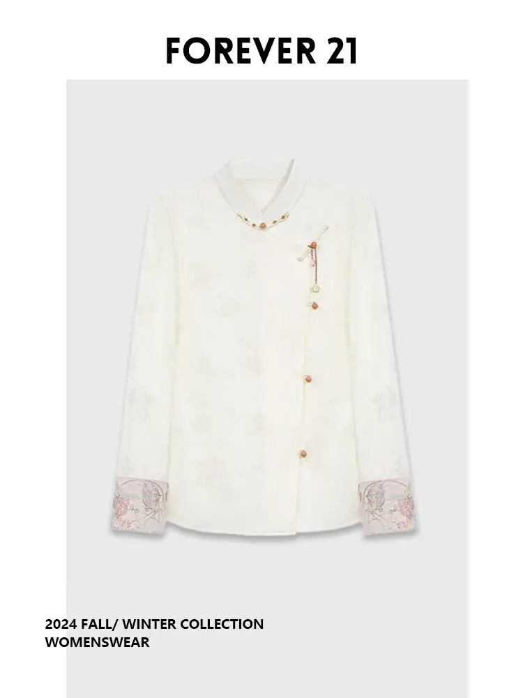 

Куртка-рубашка Forever 21 в китайском стиле с вышивкой, воротником-стойкой, в стиле ретро, премиум-класса, для повседневной носки, с длинными рукавами