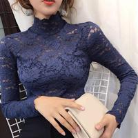 Women Blouse Half High Collar Long Sleeves Lace Top See-Through Slim Lace Crochet Patchwork Hollow Lady Tee Top Streetwear