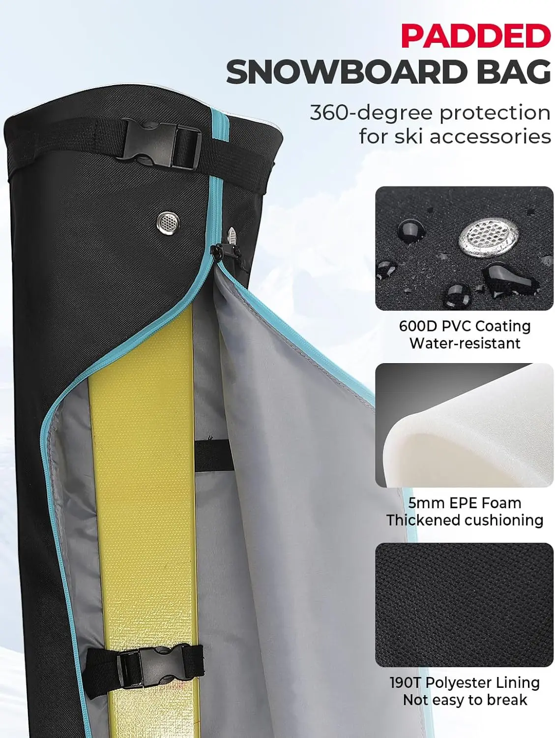 KEMIMOTO Ski Bag, 360° Fully Padded Ski Bag, Fit Skis Up to 78.74 inches (200cm), Water-resistant and Durable Perfect for Road T