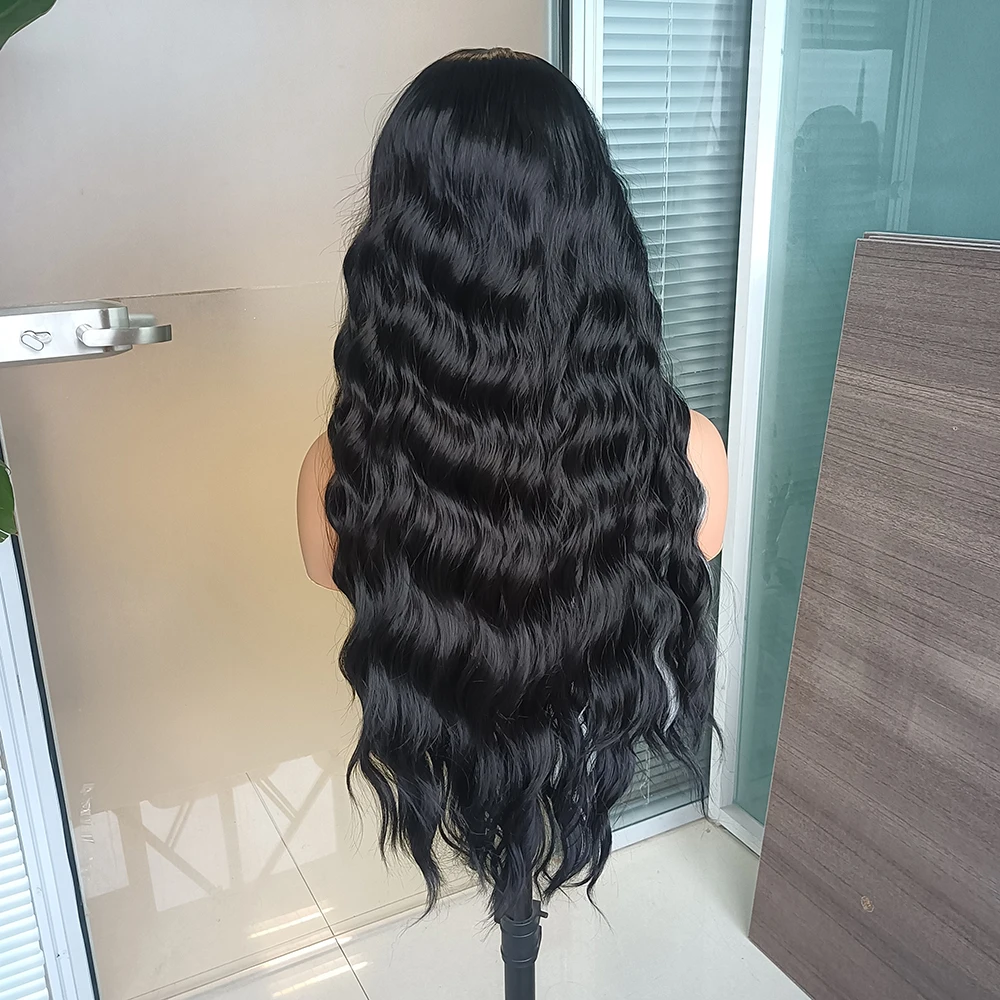 RONGDUOYI Highlights Black Wig Synthetic Long Body Wave Lace Front Wig for Women Natural Hairline Heat Resistant Hair Cosplay