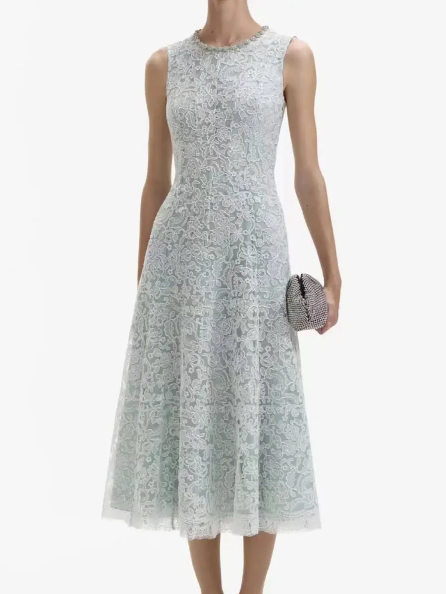 

Lace Embroidery Women's Midi Dress Diamond Decoration O-Neck Sleeveless High Waist Elegant Ladies Robe