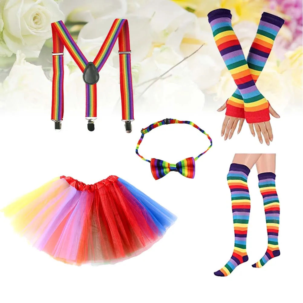 

Rainbow Strap Skirt Outfits Suspenders Set Costumes for Girls Party Tutu Stockings Gloves Kids