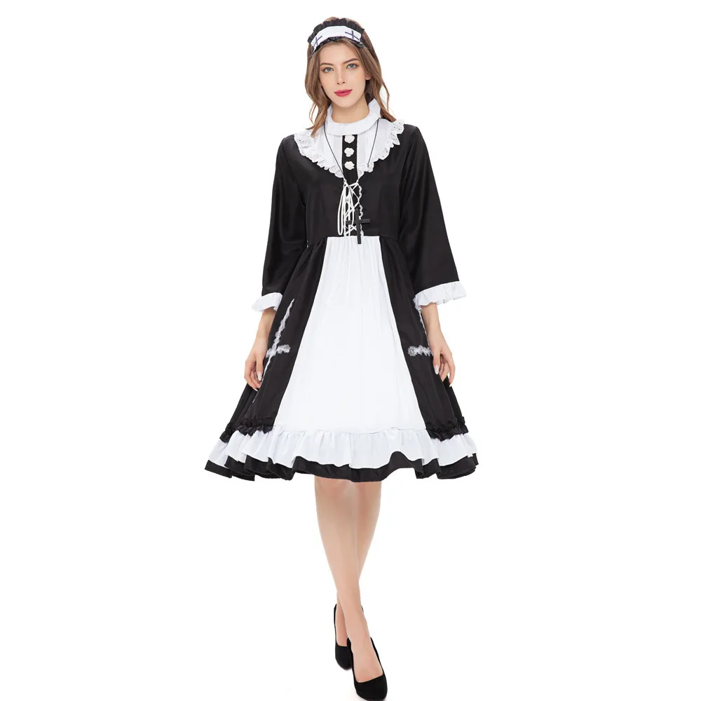 Maid Costume Anime Character Cosplay Japanese Cat Women Costume Apron Maid Dress wiht Tiara Cross Necklace