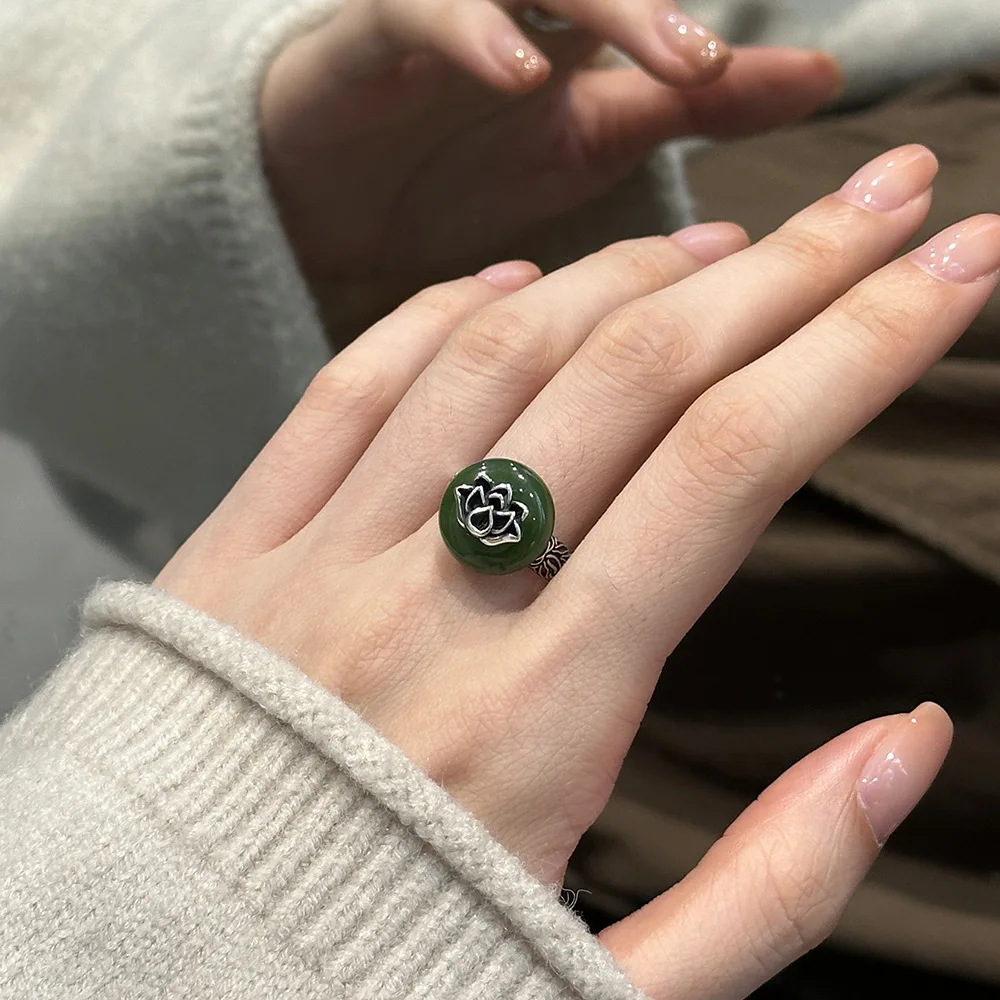 

Temperament Jade Safety Buckle Ring Female Index Finger Accessories Trendy Lotus Flower Ring Women Jewelry