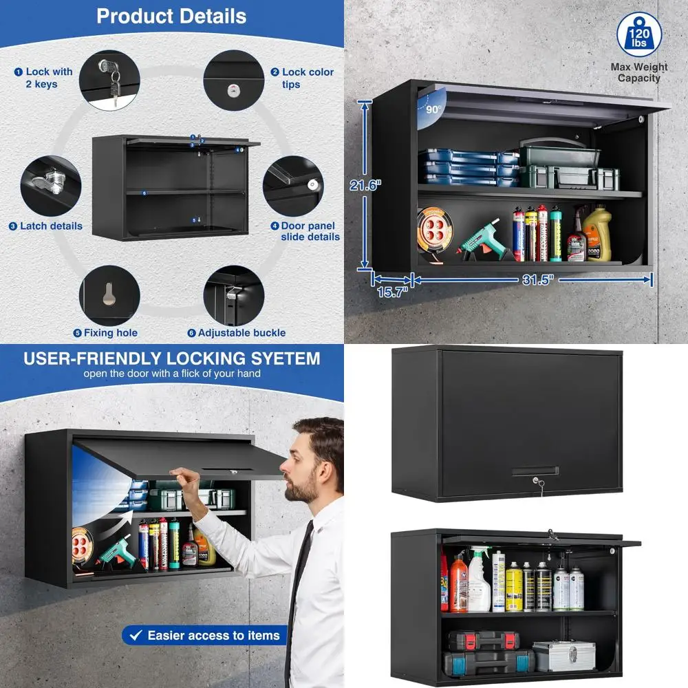 

Черный металлический настенный шкаф для хранения с 2 полками, с замком, для гаража, кухни или мастерской (высота 21,6 дюйма)