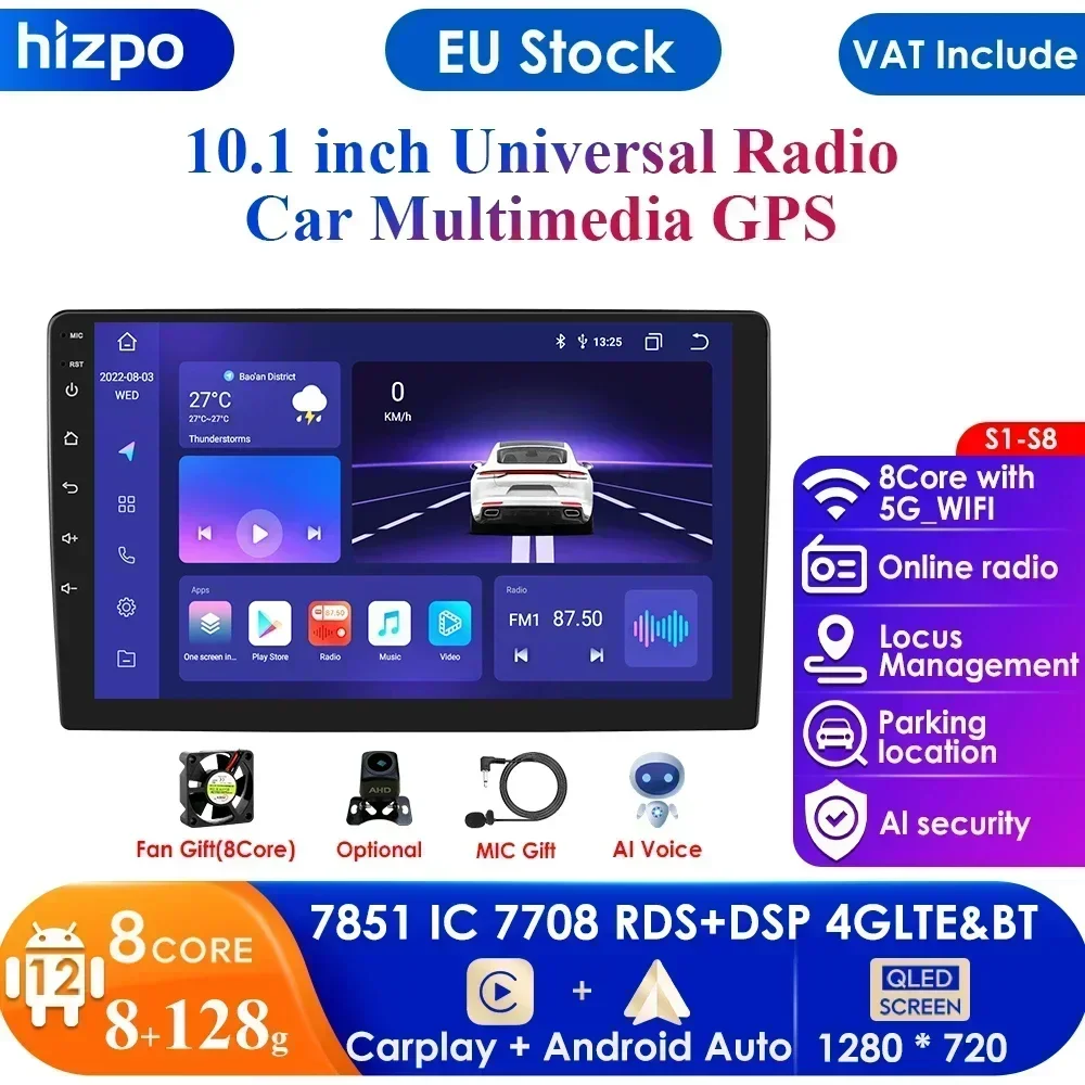 8G + 128G AI Voice 2Din Android Car Multimedia Video Player 10.1 pollici AutoRadio universale navigazione GPS WIFI RDS lettore DVD BT Cam