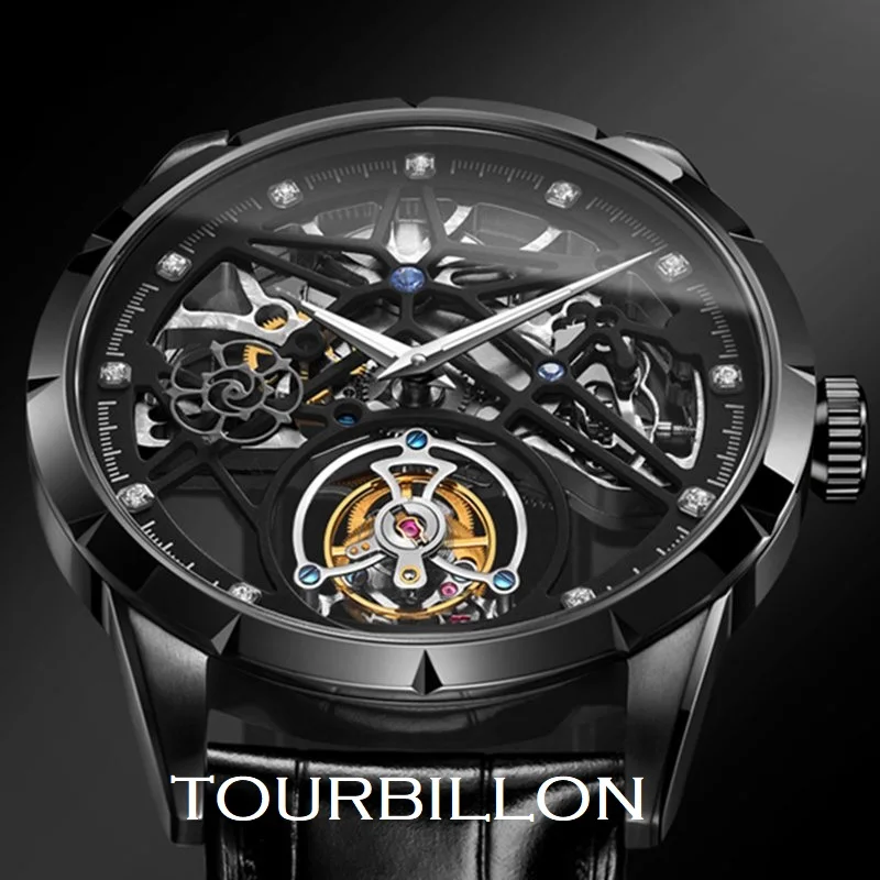 Aesop Flywheel Tourbillon Men's Mechanical WristWatches Male Skeleton Automatic Sapphire Crystal Hollow Clock Relogio Masculino